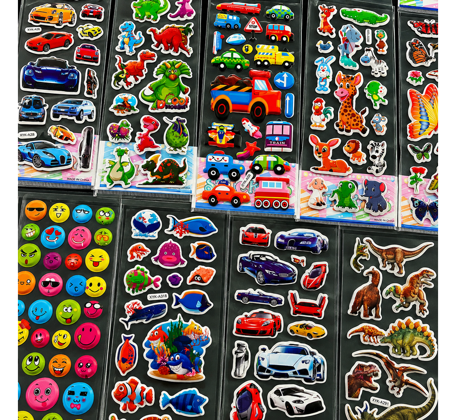 3D Stickers Jongens – 1000 Stickers – 50 Vellen – Dinosaurus, Auto's, Voertuigen & Meer – Foam Stickers