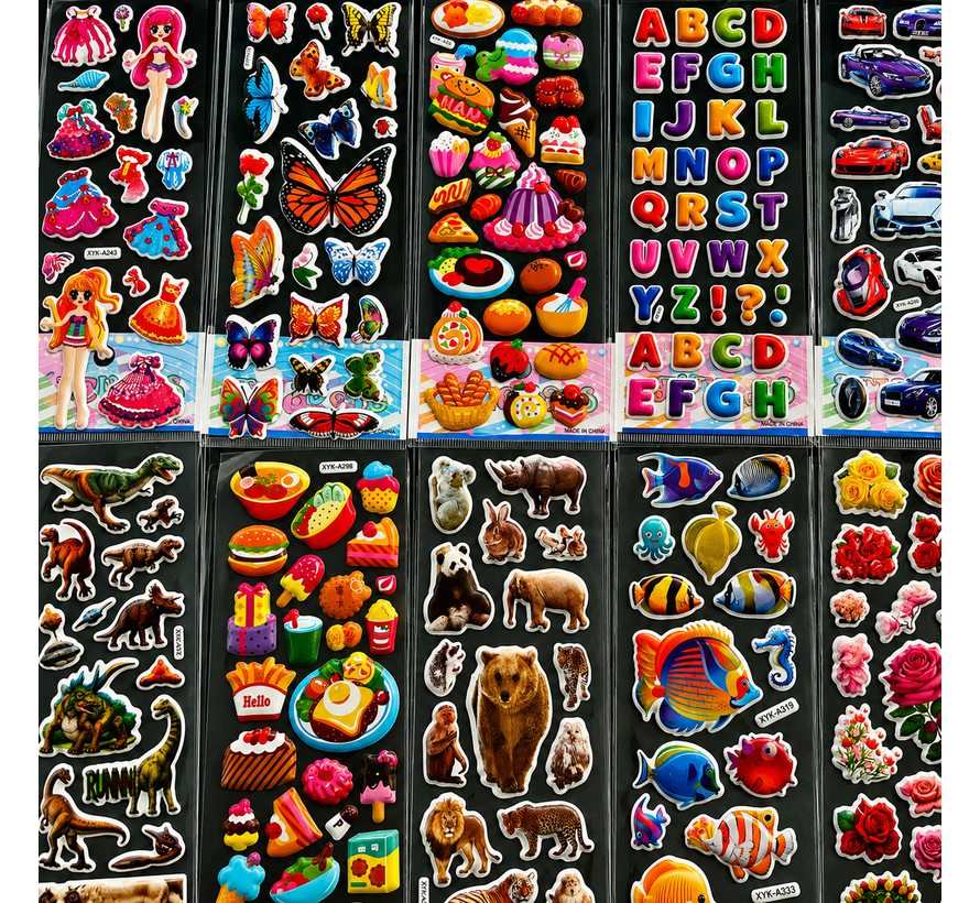 3D Stickers Jongens – 1000 Stickers – 50 Vellen – Dinosaurus, Auto's, Voertuigen & Meer – Foam Stickers