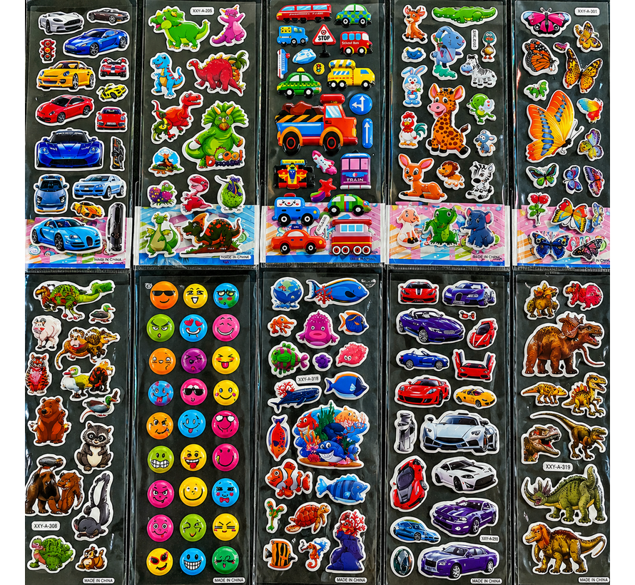 3D Stickers Jongens – 1000 Stickers – 50 Vellen – Dinosaurus, Auto's, Voertuigen & Meer – Foam Stickers