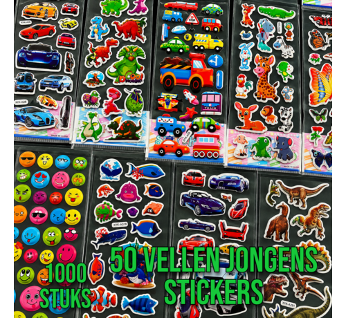 Allernieuwste.nl® 3D Stickers Jongens – 1000 Stickers – 50 Vellen – Dinosaurus, Auto's, Voertuigen & Meer – Foam Stickers