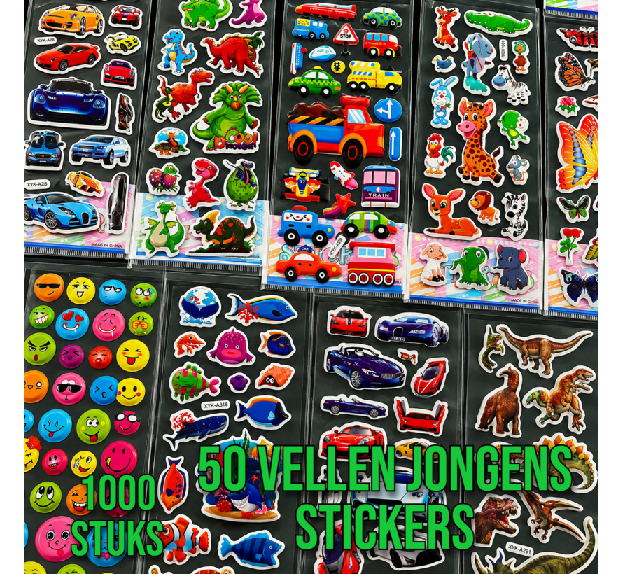 3D Stickers Jongens – 1000 Stickers – 50 Vellen – Dinosaurus, Auto's, Voertuigen & Meer – Foam Stickers