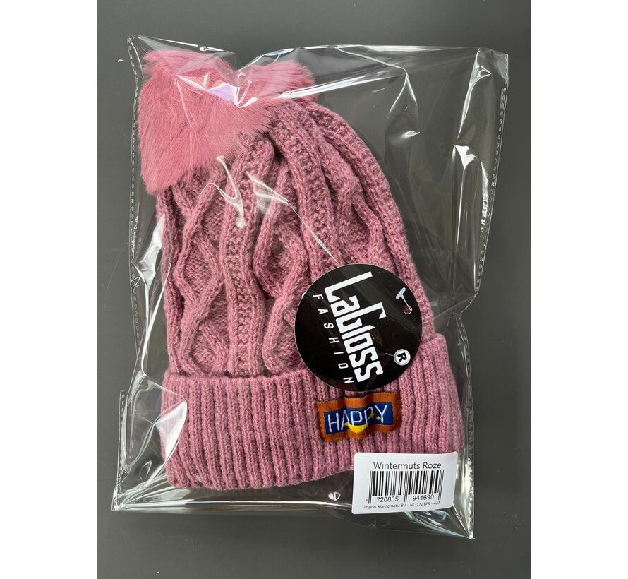 LaGloss® Wintermuts Roze – Gebreide Beanie met Nep Pompom & Happy Patch – Warme Skimuts voor Dames