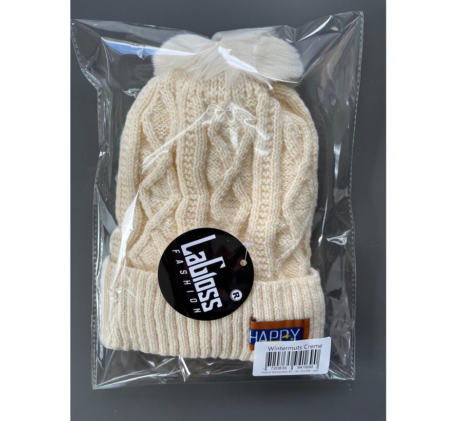 LaGloss® Wintermuts Creme – Gebreide Beanie met Nep Pompom & Happy Patch – Warme Skimuts voor Dames
