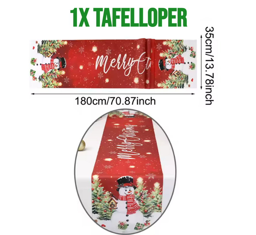 Kerst Tafelloper 180x35 cm – Rode Kersttafelversiering met Sneeuwpop en Merry Christmas