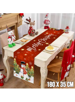 Allernieuwste.nl® Rode Kerst Tafelloper  met Sneeuwpop en Merry Christmas - 180x35 cm