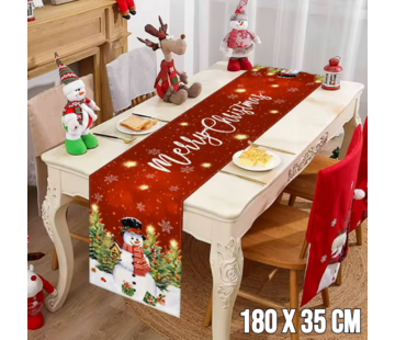 Allernieuwste.nl® Rode Kerst Tafelloper met Sneeuwpop en Merry Christmas - 180x35 cm