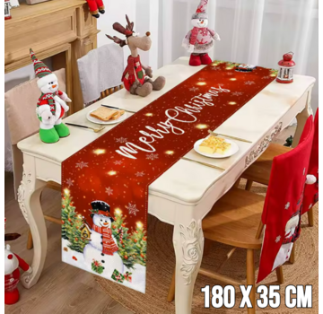 Allernieuwste.nl® Rode Kerst Tafelloper  met Sneeuwpop en Merry Christmas - 180x35 cm