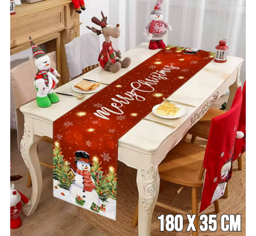 Allernieuwste.nl® Kerst Tafelloper 180x35 cm – Rode Kersttafelversiering met Sneeuwpop en Merry Christmas