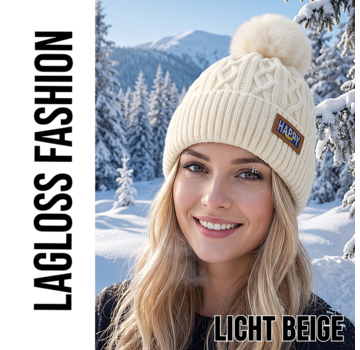 LaGloss Wintermuts Creme – Gebreide Dames Beanie met Nep Pompom