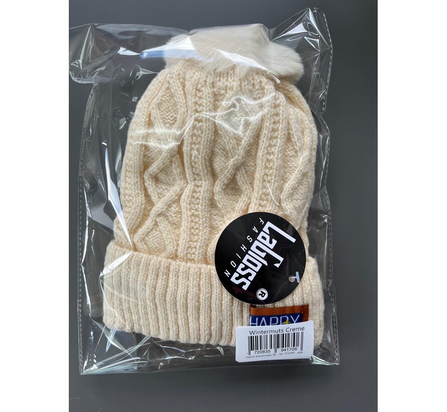 LaGloss® Wintermuts Creme – Gebreide Beanie met Nep Pompom & Happy Patch – Warme Skimuts voor Dames