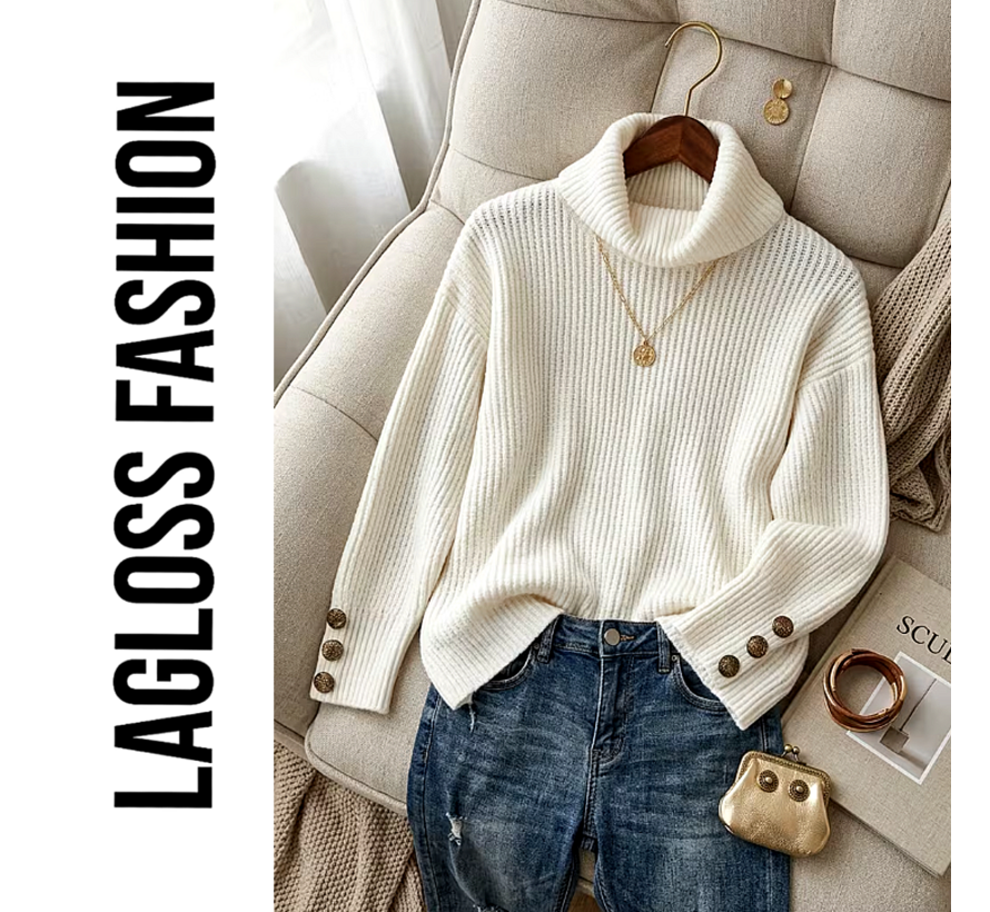 LaGloss® Comfortabele Dames Coltrui Wit – Gebreide Trui met Lange Mouwen en Decoratieve Knopen – Maat M