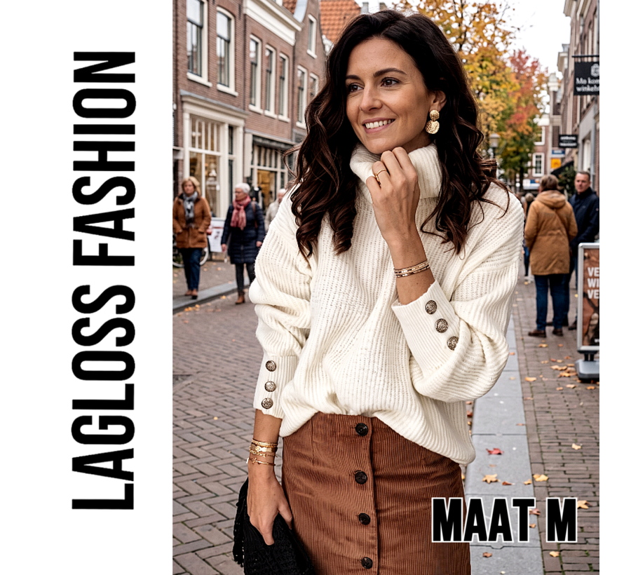 LaGloss® Comfortabele Dames Coltrui Wit – Gebreide Trui met Lange Mouwen en Decoratieve Knopen – Maat M