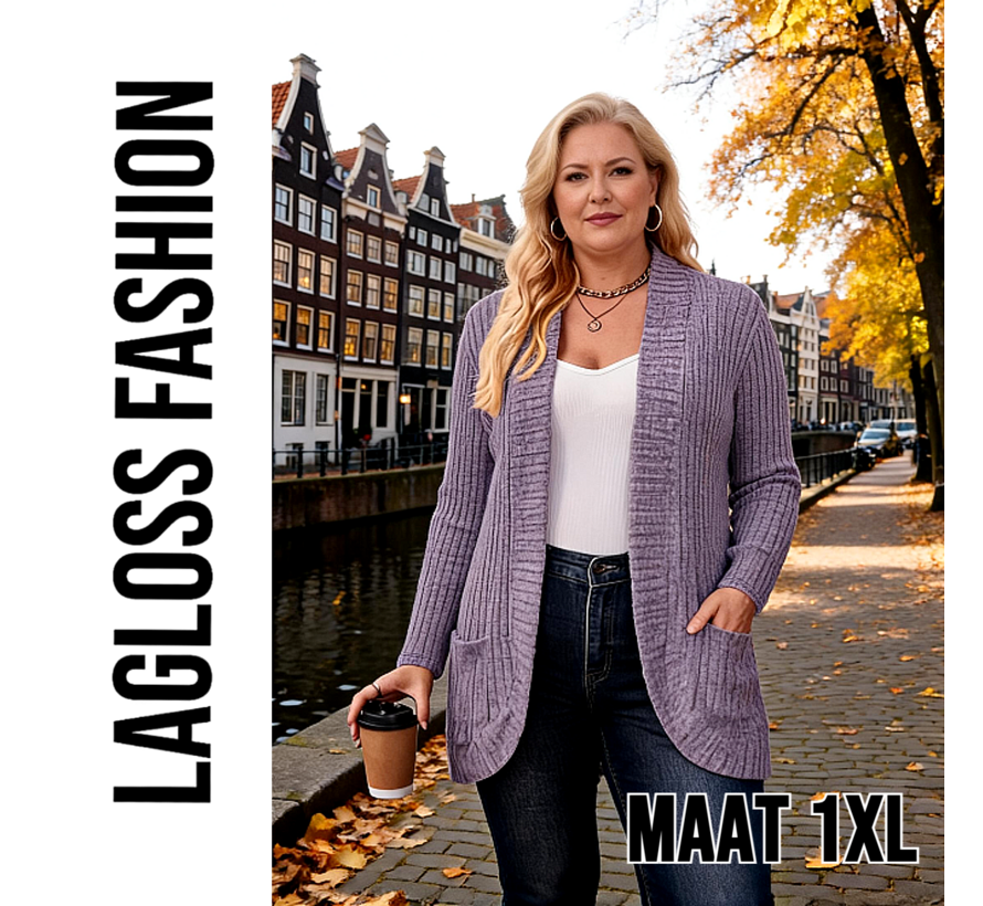 LaGloss® Plus Size Dames Vest Lichtpaars – Lang Gebreid Cardigan met Zakken – Maat 1XL