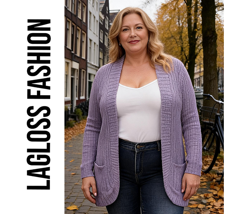 LaGloss® Plus Size Dames Vest Lichtpaars – Lang Gebreid Cardigan met Zakken – Maat 3XL