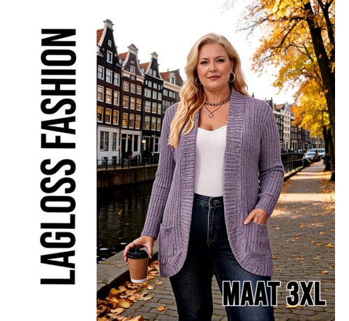 LaGloss LaGloss® Plus Size Dames Vest Lichtpaars – Lang Gebreid Cardigan met Zakken – Maat 3XL