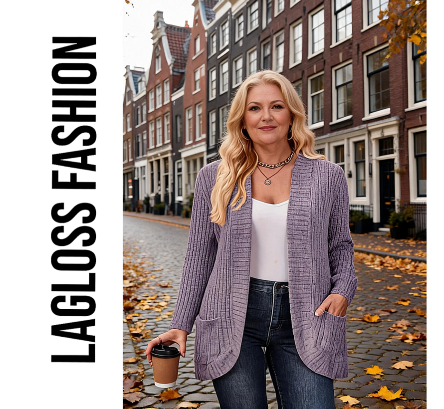 LaGloss® Plus Size Dames Vest Lichtpaars – Lang Gebreid Cardigan met Zakken – Maat 5XL