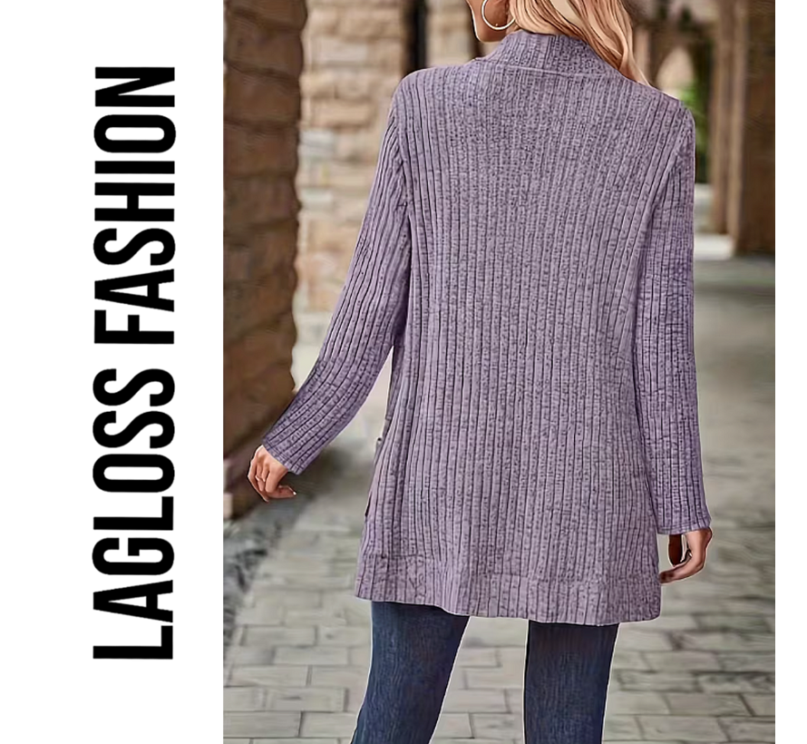 LaGloss® Plus Size Dames Vest Lichtpaars – Lang Gebreid Cardigan met Zakken – Maat 5XL