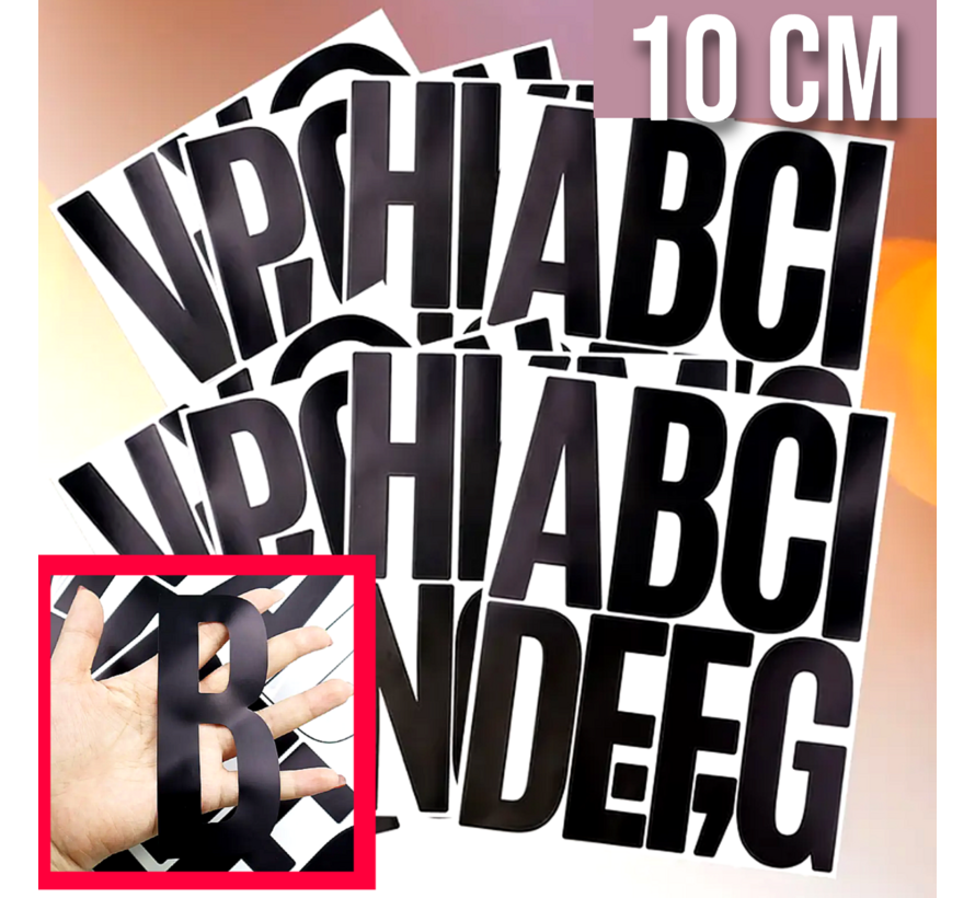 Grote Alfabet Stickers 10 cm Hoog – 8 Vel Zelfklevende XXL Letters (78 Letters) – Glanzend Zwart, Waterdicht & Krasbestendig