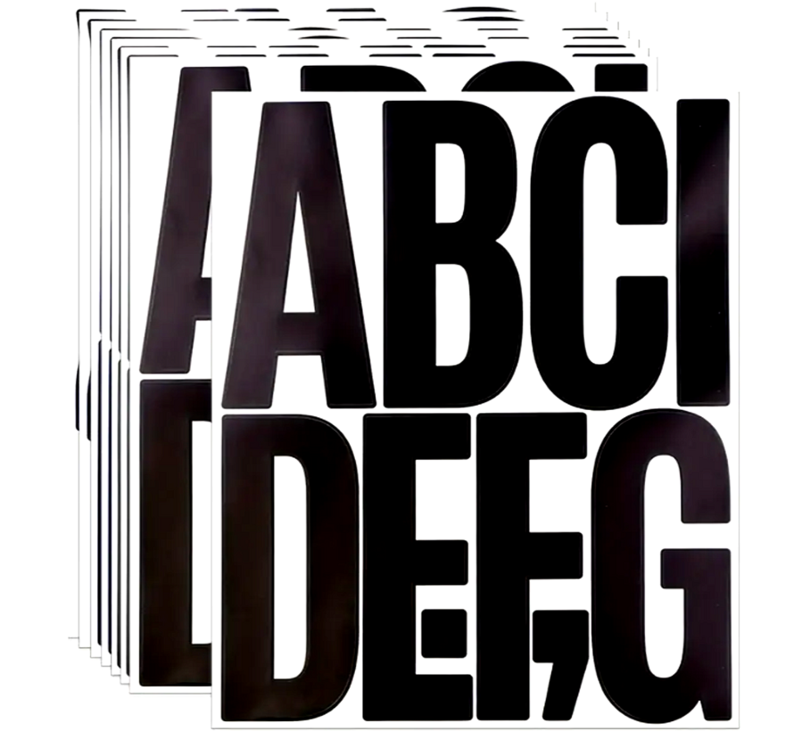 Grote Alfabet Stickers 10 cm Hoog – 8 Vel Zelfklevende XXL Letters (78 Letters) – Glanzend Zwart, Waterdicht & Krasbestendig