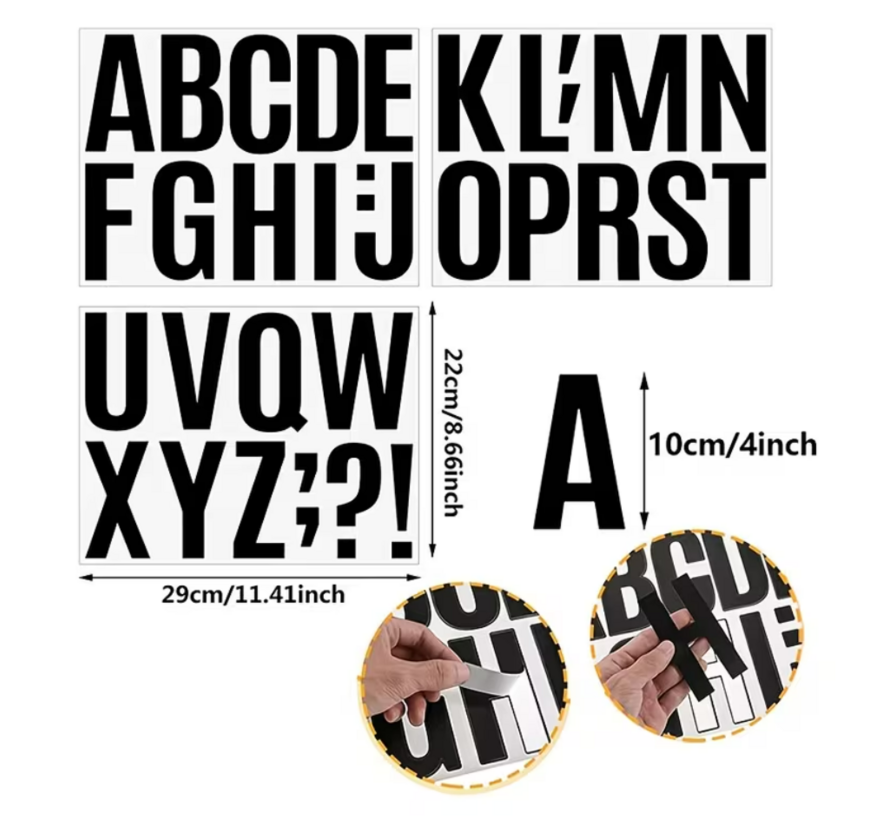 Grote Alfabet Stickers 10 cm Hoog – 8 Vel Zelfklevende XXL Letters (78 Letters) – Glanzend Zwart, Waterdicht & Krasbestendig