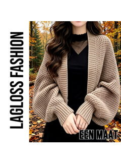 LaGloss Dames Cardigan Beige Gebreid Open Vest met Vleermuismouwen - One Size