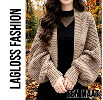 LaGloss Dames Cardigan Beige Gebreid Open Vest met Vleermuismouwen - One Size