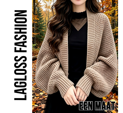 LaGloss LaGloss® Dames Cardigan Beige – Gebreid Open Vest met Vleermuismouwen - One Size