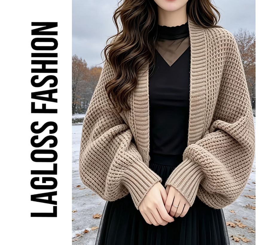 LaGloss® Dames Cardigan Beige – Gebreid Open Vest met Vleermuismouwen - One Size