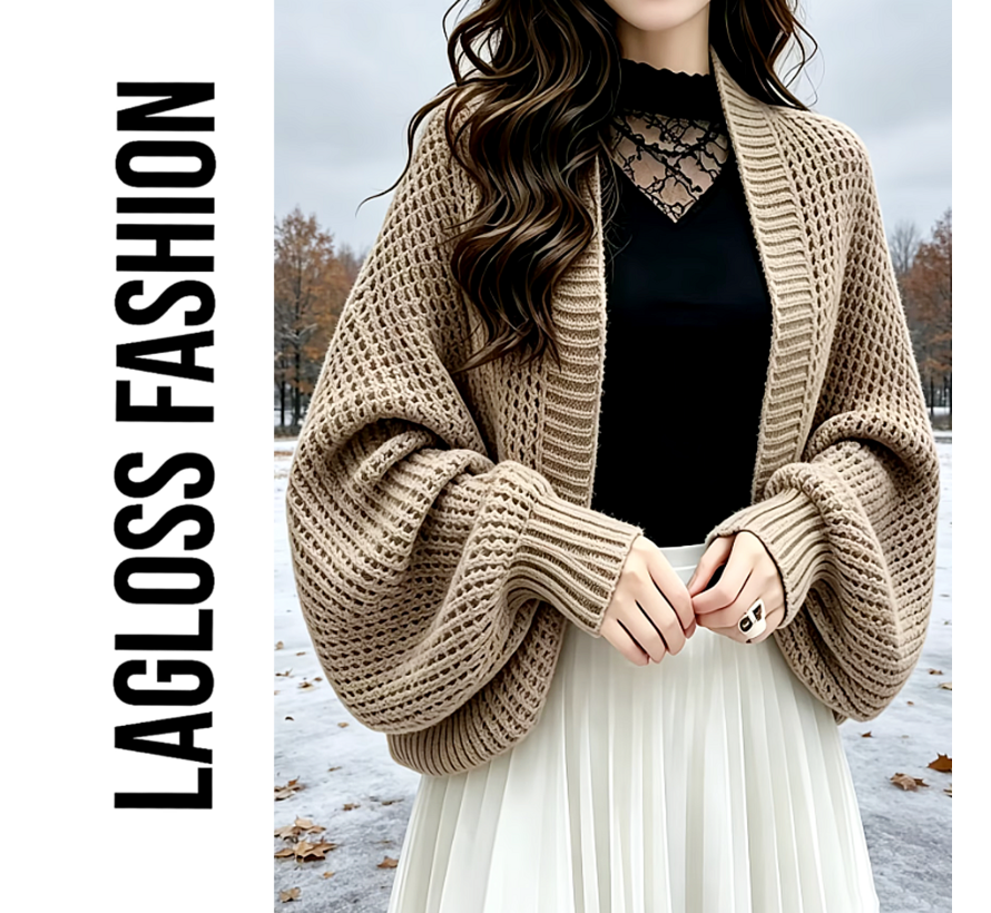 LaGloss® Dames Cardigan Beige – Gebreid Open Vest met Vleermuismouwen - One Size