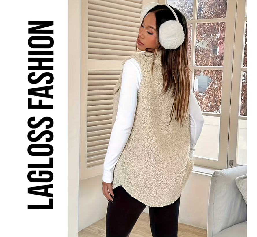 LaGloss® Mouwloos Teddy Vest Dames Abrikoos – Chic Gilet met Revers, Knopen & Zakken – Maat S
