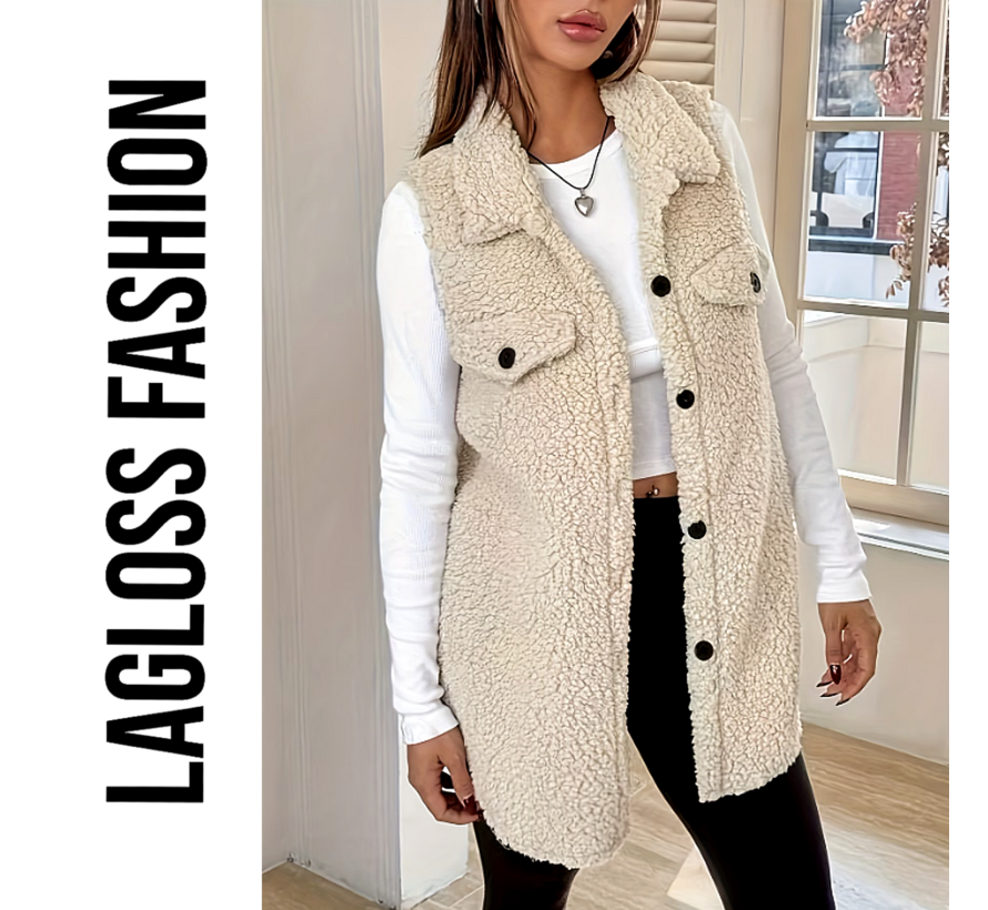LaGloss® Mouwloos Teddy Vest Dames Abrikoos – Chic Gilet met Revers, Knopen & Zakken – Maat M