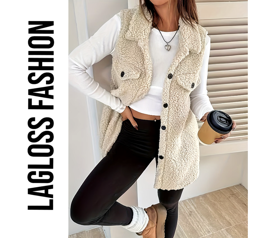 LaGloss® Mouwloos Teddy Vest Dames Abrikoos – Chic Gilet met Revers, Knopen & Zakken – Maat M