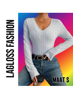 LaGloss Slim Fit V-Hals Stretch Top Dames Lichtgrijs – Maat S