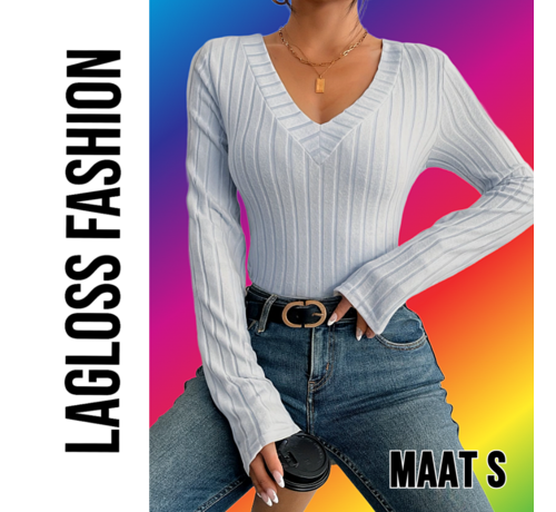 LaGloss LaGloss® Slim Fit V-Hals Top Dames Lichtgrijs met Geribbelde Zoom en Stretch– Maat S