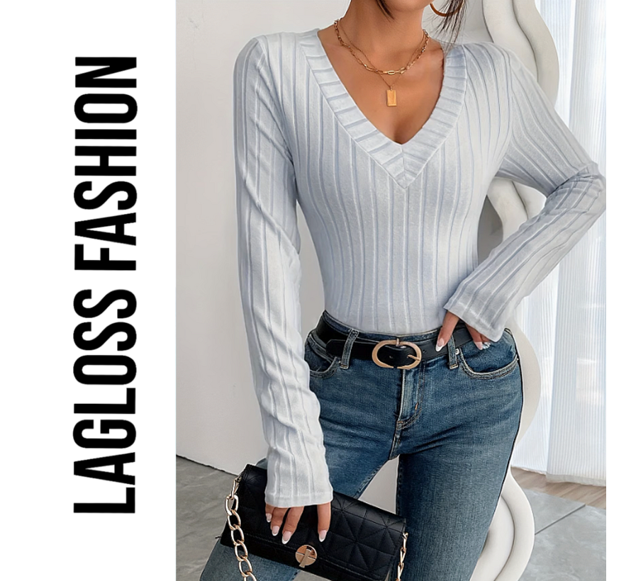 LaGloss® Slim Fit V-Hals Top Dames Lichtgrijs met Geribbelde Zoom en Stretch– Maat S