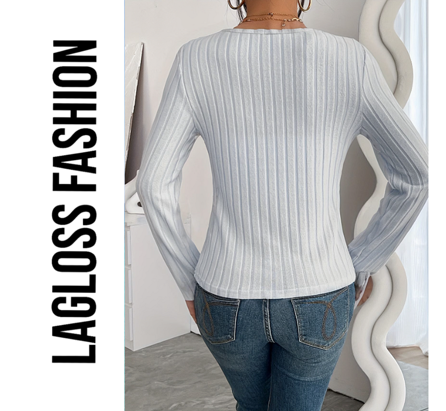 LaGloss® Slim Fit V-Hals Top Dames Lichtgrijs met Geribbelde Zoom en Stretch– Maat S