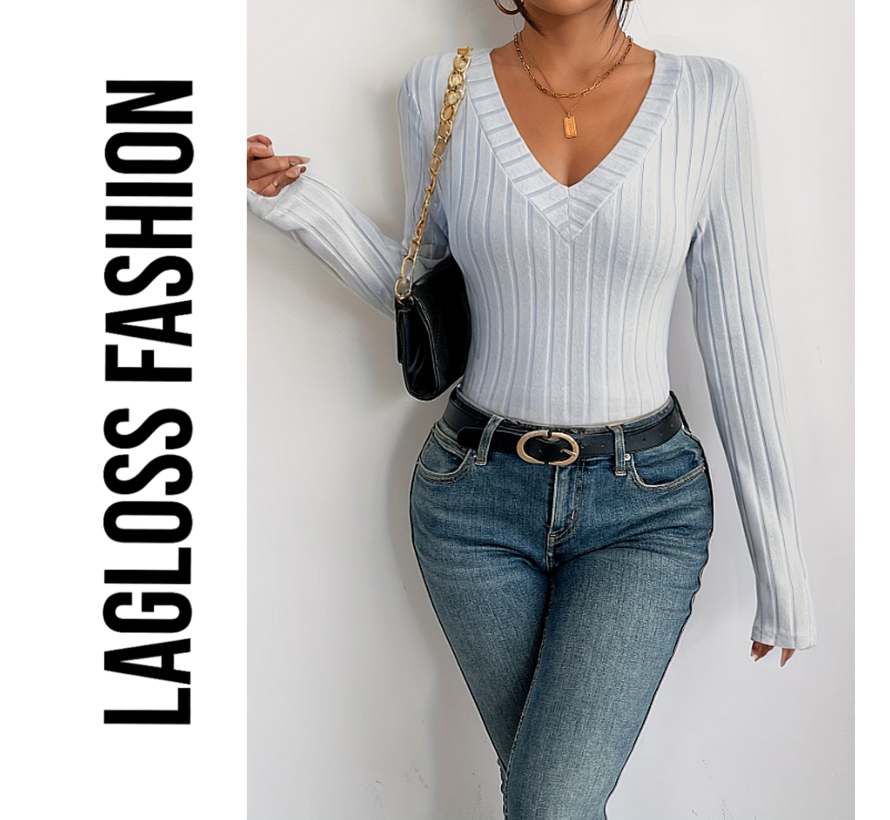 LaGloss® Slim Fit V-Hals Top Dames Lichtgrijs met Geribbelde Zoom en Stretch– Maat S