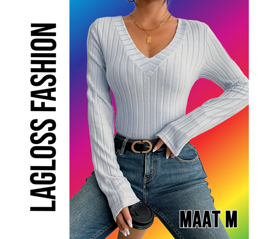 LaGloss® Slim Fit V-Hals Top Dames Lichtgrijs met Geribbelde Zoom en Stretch– Maat M