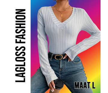 LaGloss Slim Fit V-Hals Stretch Top Dames Lichtgrijs – Maat L