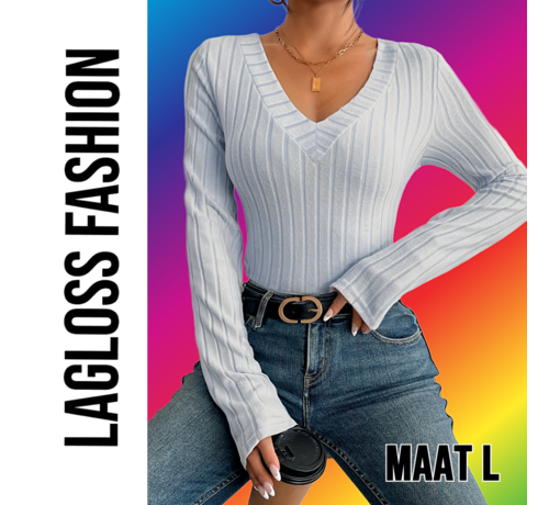 LaGloss LaGloss® Slim Fit V-Hals Top Dames Lichtgrijs met Geribbelde Zoom en Stretch– Maat L