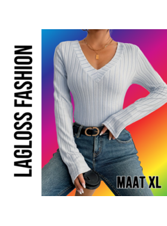 LaGloss Slim Fit V-Hals Stretch Top Dames Lichtgrijs – Maat XL
