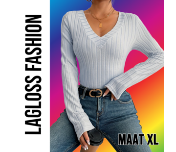 LaGloss Slim Fit V-Hals Stretch Top Dames Lichtgrijs – Maat XL