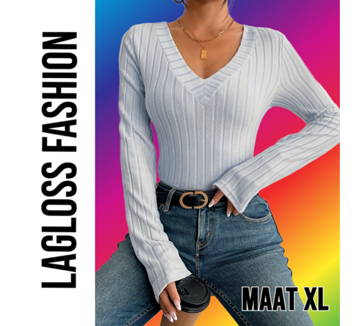 LaGloss LaGloss® Slim Fit V-Hals Top Dames Lichtgrijs met Geribbelde Zoom en Stretch– Maat XL