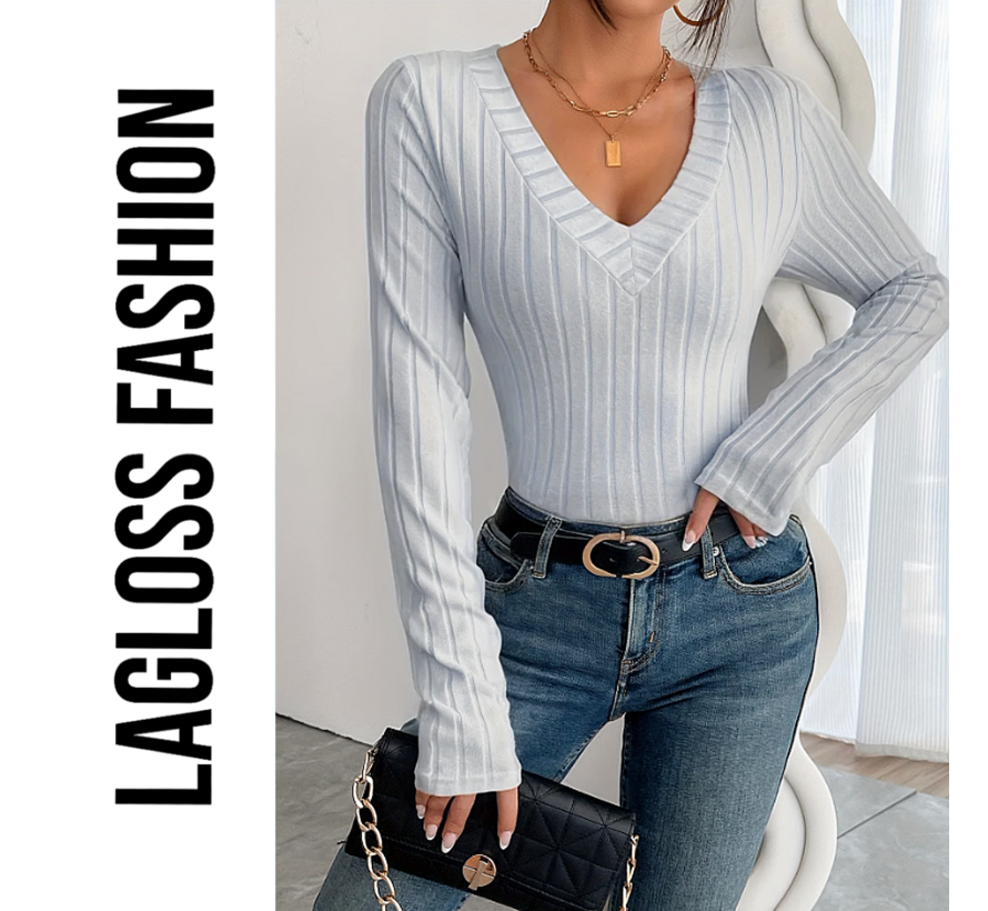 LaGloss® Slim Fit V-Hals Top Dames Lichtgrijs met Geribbelde Zoom en Stretch– Maat XXL