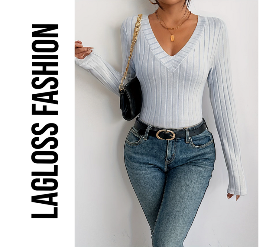 LaGloss® Slim Fit V-Hals Top Dames Lichtgrijs met Geribbelde Zoom en Stretch– Maat XXL