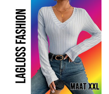 LaGloss Slim Fit V-Hals Stretch Top Dames Lichtgrijs – Maat XXL
