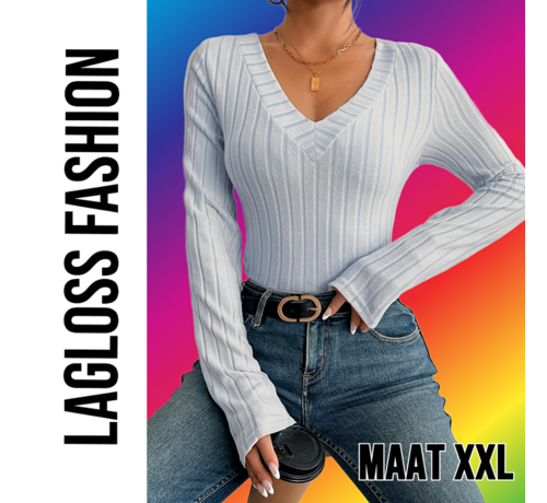 LaGloss LaGloss® Slim Fit V-Hals Top Dames Lichtgrijs met Geribbelde Zoom en Stretch– Maat XXL