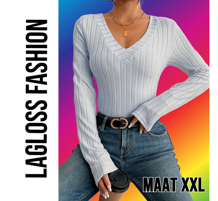 LaGloss® Slim Fit V-Hals Top Dames Lichtgrijs met Geribbelde Zoom en Stretch– Maat XXL