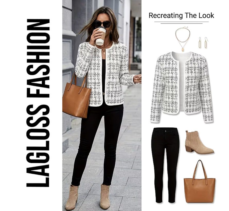 LaGloss© Dames Geruite Cardigan Jas Wit met Lange Mouwen – Elegant & Business Casual - Maat M