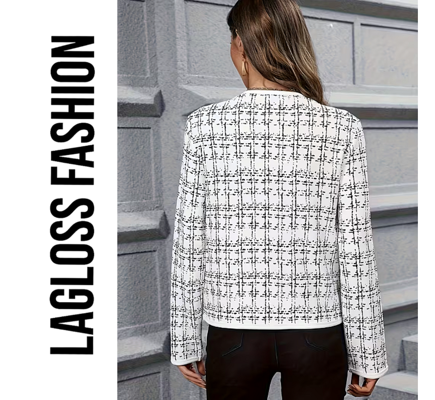 LaGloss© Dames Geruite Cardigan Jas Wit met Lange Mouwen – Elegant & Business Casual - Maat L